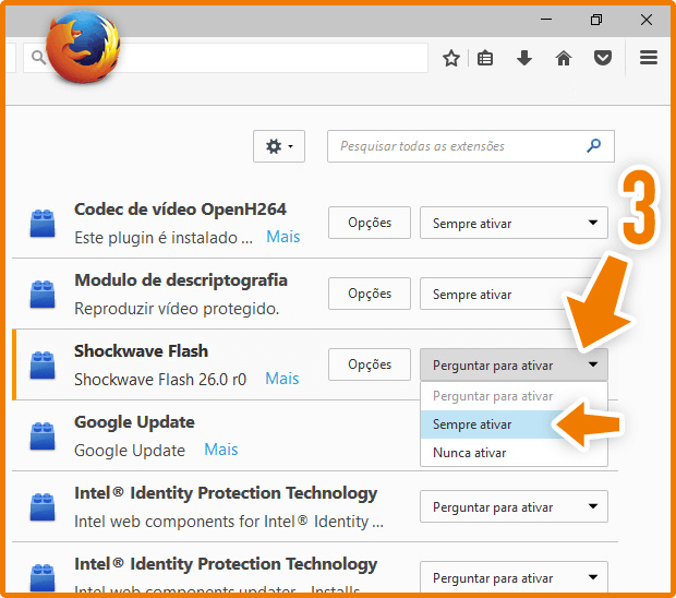 Ativar o Flash Player no Firefox Passo 2